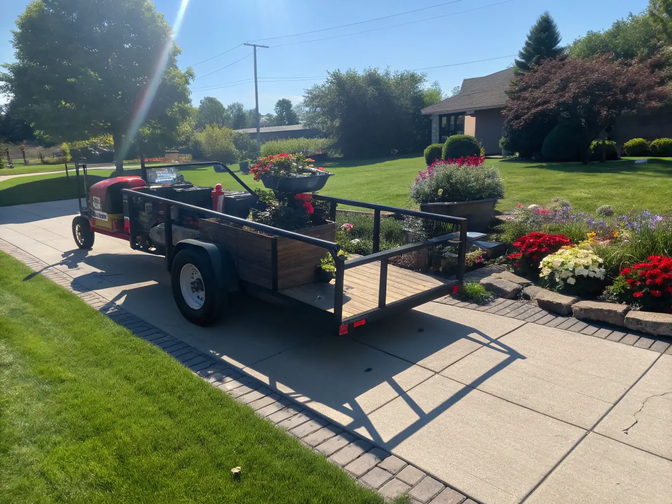 A well-maintained utility trailer parked in front of a suburban home, loaded with gardening supplies, showcasing its suitability for home improvement projects.