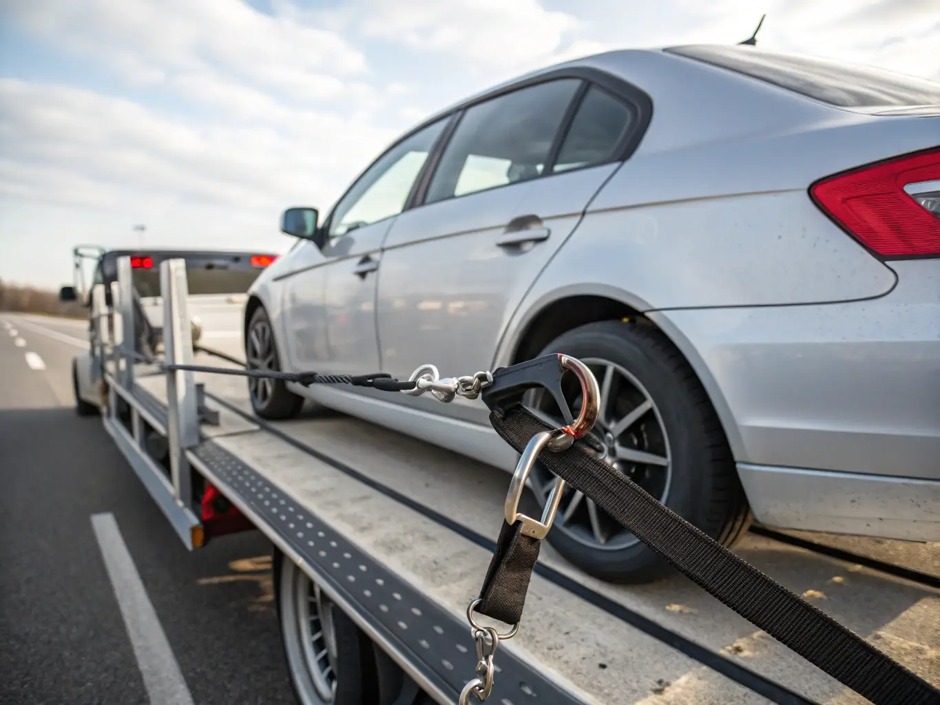 A sturdy car trailer with a sports car securely strapped on, parked at a racetrack, demonstrating its use for transporting vehicles.