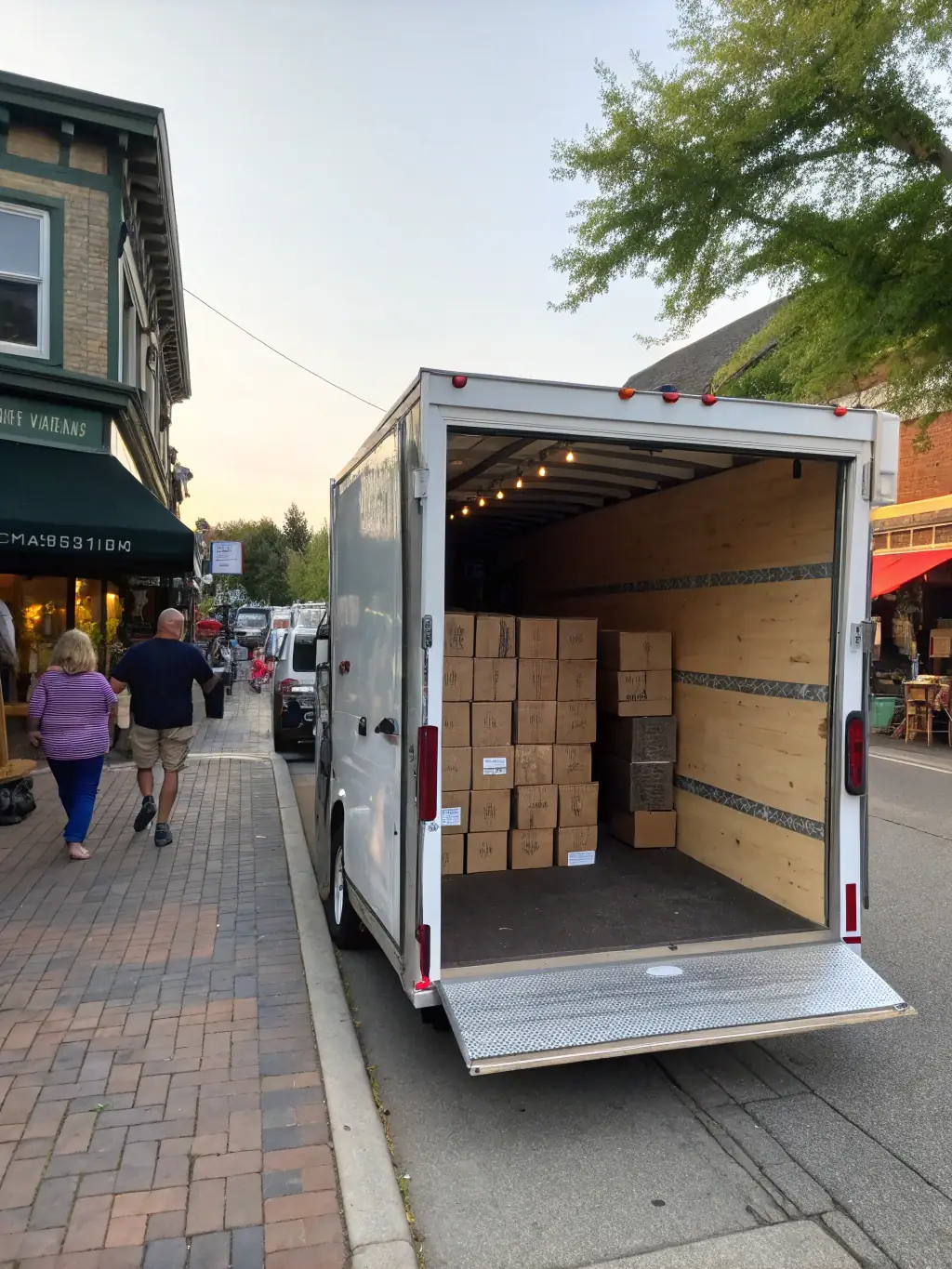 A well-maintained cargo trailer, perfect for moving furniture or equipment, parked in a clean and organized rental lot.